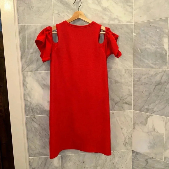 Zara Womens Shift Dress Size M Red Textured Cold Shoulder - Picture 4 of 6